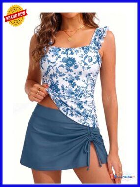 Two Piece Tankini Swimsuit with Ruffle Top and Skirt Tummy Control Bathing Suit